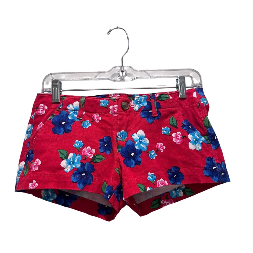 Hollister Y2K Red Floral Print Low Rise Micro Mini Shorts Size 24 Tropical Girly